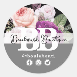 Zwart & Zilver Rozen Floral Boutique Shop Ronde Sticker