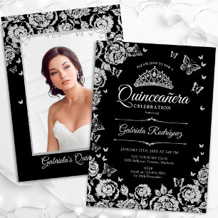 Zwart Zilver Rozen Vlinders Quinceanera Foto Kaart