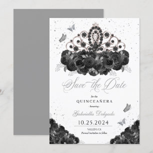Zwart & Zilver Tiara Bewaar de datum Quinceañera Kaart