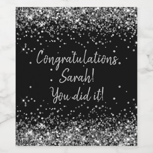 Zwart zilver verjaardagscadeau voor afstudeerfeest wijn etiket (Enkel label)