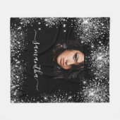 Zwart zilveren aangepaste fotoglitter-monogram fleece deken (Voorkant (Horizontaal))