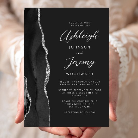 Zwart Zilveren Agaat Modern Schrift Huwelijk Kaart