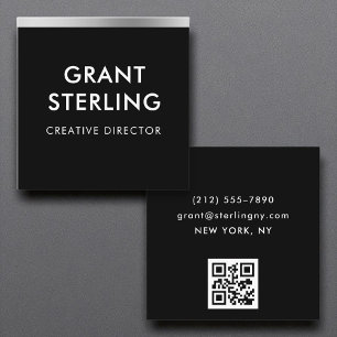 Zwart Zilveren Folie Minimale Typografie QR Code Vierkante Visitekaartje