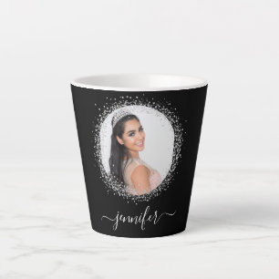 Zwart zilveren fotoglitter-naamscript latte mok