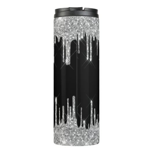 Zwart zilveren glinsterende druppels aangepaste mo thermosbeker (Achterkant)