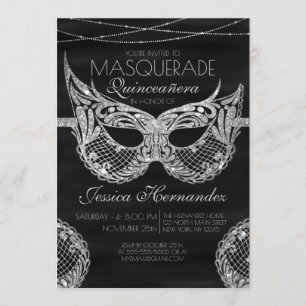 Zwart Zilveren Glitter Kant Masquerade Quinceañera Kaart