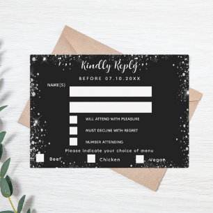 Zwart zilveren glitter menu kiest bruiloft RSVP