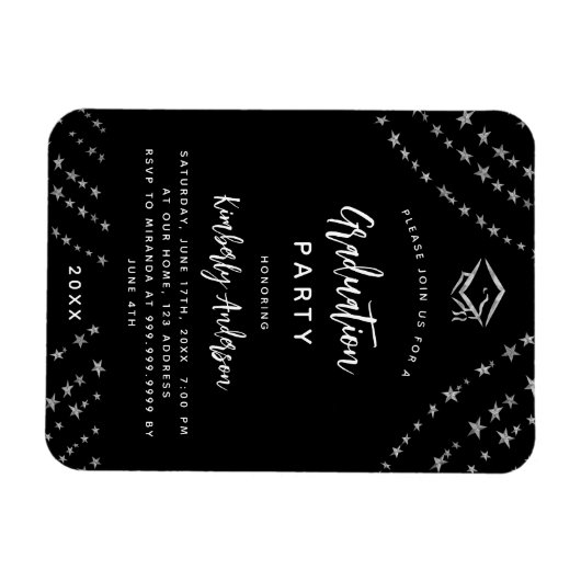 Zwart zilveren sterren afstudeerfeest uitnodiging magneet (Horizontaal)