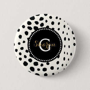 Zwart zwart-witte cheetah pratonmonogram ronde button 5,7 cm