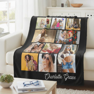 Zwarte 10 foto collage Persoonlijke naam cadeau Fleece Deken