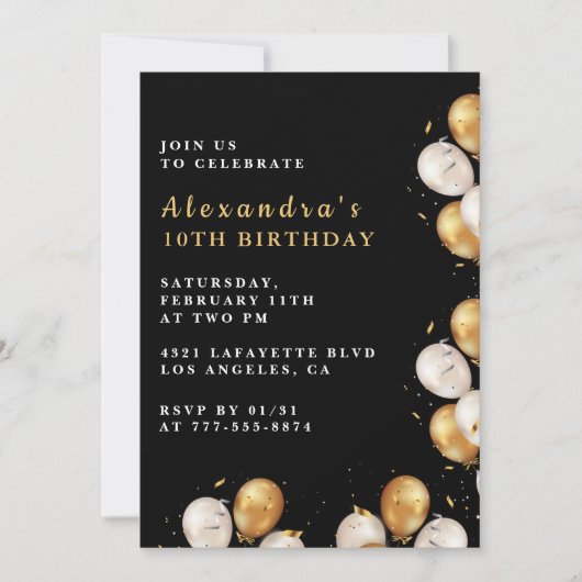 Zwarte 10e verjaardag uitnodigingen Gold Balloon (Voorkant)