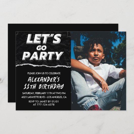 Zwarte 11e verjaardag uitnodigingen Boy Photo (Voorkant / Achterkant)