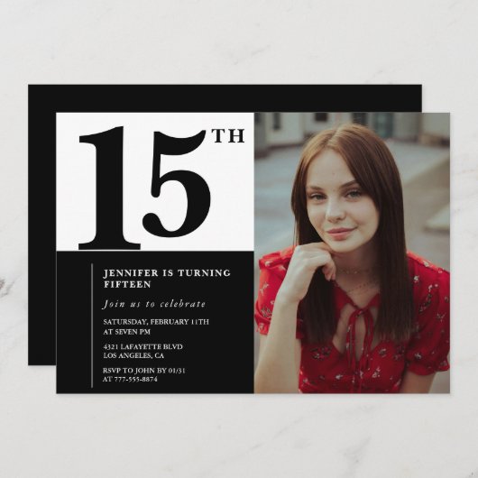 Zwarte 15e verjaardag uitnodigingen Elegant Chic (Voorkant / Achterkant)