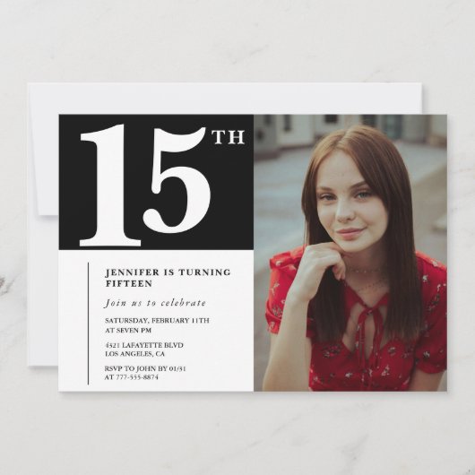 Zwarte 15e verjaardag uitnodigingen Modern Chic Fo (Voorkant)
