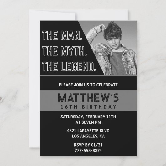 Zwarte 16e verjaardagsuitnodiging Het Man De Legen Kaart (Voorkant)