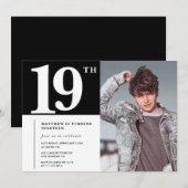 Zwarte 19e verjaardag uitnodigingen Modern Chic Fo (Voorkant / Achterkant)