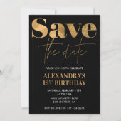 Zwarte 1e verjaardag uitnodigingen Bewaar de datum (Voorkant)