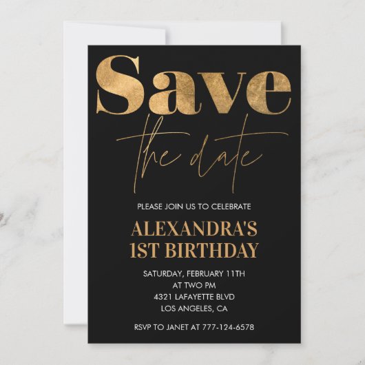 Zwarte 1e verjaardag uitnodigingen Bewaar de datum (Voorkant)