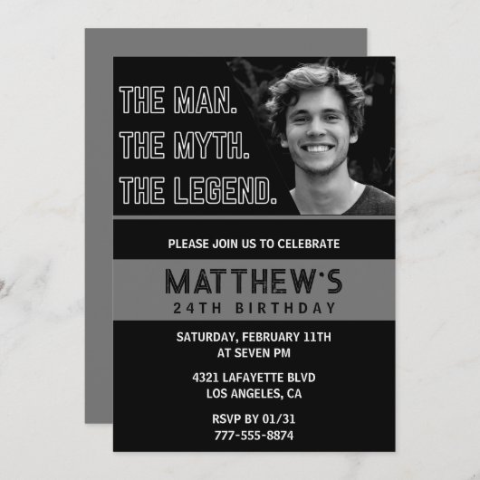 Zwarte 24ste verjaardagsuitnodiging Het Man De Leg Kaart (Voorkant / Achterkant)
