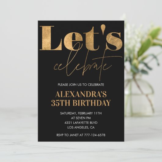 Zwarte 35e verjaardagsuitnodigingen Goud Elegant Kaart (Staand voorkant)
