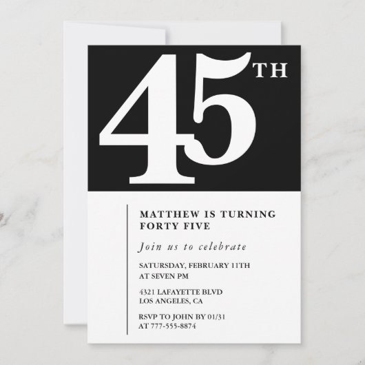Zwarte 45e verjaardag uitnodiging Elegant Chic Sim (Voorkant)