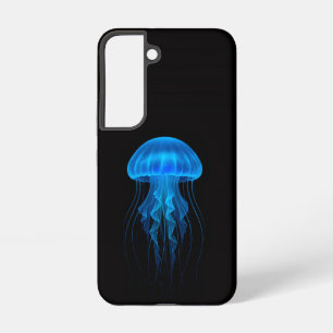 Zwarte 4 Luxe Galaxy S22 Hoes, Neon Blauwe Kwallen Samsung Galaxy Hoesje