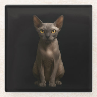 Zwarte 4 Luxe Glas onderzetter, Sphynx Kat Glazen Onderzetter