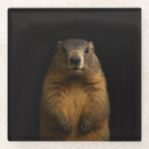 Zwarte 4 Luxe glazen coaster, Fluffy Marmot Onderzetter