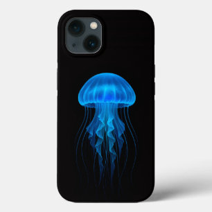 Zwarte 4 Luxe iPhone 13 Hoes, Neon Blauwe Kwallen Hoesje