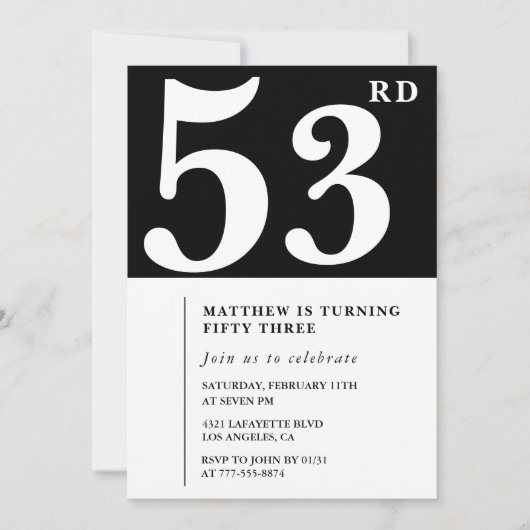 Zwarte 53e verjaardag uitnodiging Elegant Chic Sim (Voorkant)