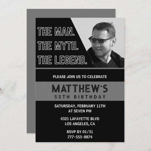 Zwarte 55e verjaardagsuitnodiging Het Man De Legen Kaart (Voorkant / Achterkant)