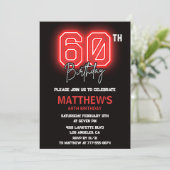 Zwarte 60ste verjaardagsuitnodigingen Mannen Neon Kaart (Staand voorkant)
