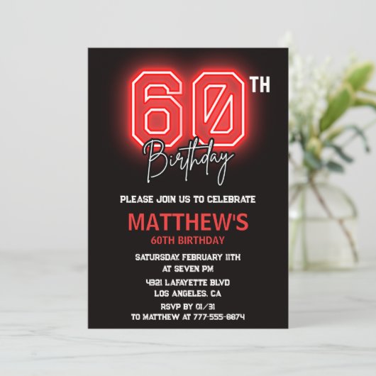Zwarte 60ste verjaardagsuitnodigingen Mannen Neon Kaart (Staand voorkant)