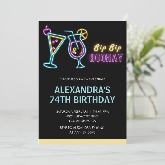 Zwarte 74e verjaardag uitnodigingen Cocktail Neon (Staand voorkant)