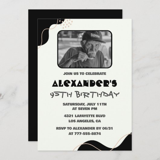 Zwarte 95e verjaardagsuitnodigingen Mannen Eenvoud Kaart (Voorkant / Achterkant)