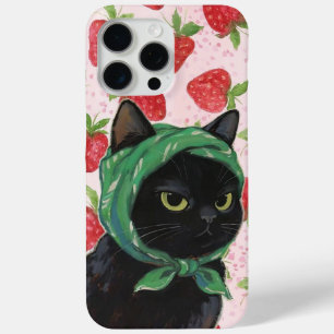 Zwarte aardbei Cute Cat telefoonhoesje Kawaii iPhone 15 Pro Max Hoesje