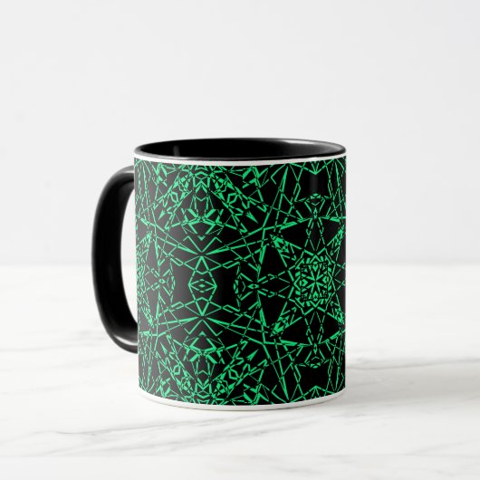 Zwarte abstracte moderne spinnenweblijnen neon gro mok (Voorkant links)