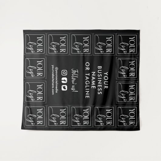 Zwarte achtergrond met uw logo en sociale media ac wandkleed (Voorkant (horizontaal))