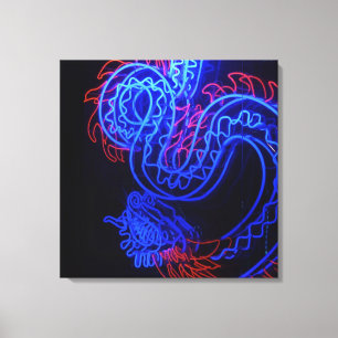 Zwarte achtergrond Neon Blue Dragon Bright Canvas Afdruk