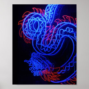 Zwarte achtergrond Neon Blue Dragon Bright Poster