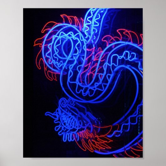 Zwarte achtergrond Neon Blue Dragon Bright Poster (Voorkant)
