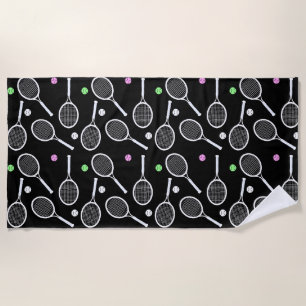 Zwarte achtergrond Tennis Racket Pattern Strandlaken