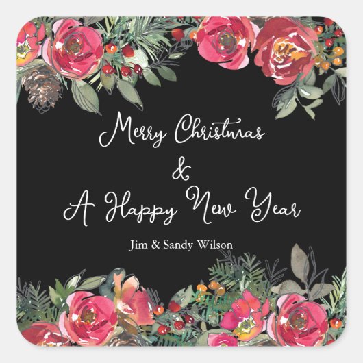 Zwarte achtergrond van Elegant Red KerstFlowers Vierkante Sticker (Voorkant)