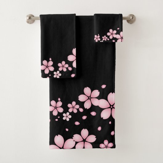 Zwarte Achtergrondroze Floral Border Bad Handdoek (Insitu)