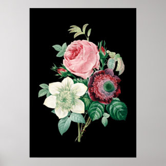 Zwarte achtergrondrozen, boeket van Redoute print