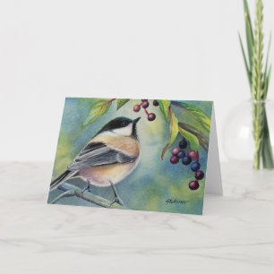 Zwarte Afgetopte Chickadee Bird Berries Waterverf Kaart