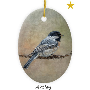 Zwarte Afgetopte Chickadee Bird Schilderij Custom  Keramisch Ornament