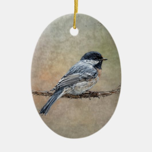 Zwarte Afgetopte Chickadee Bird Schilderij Custom  Keramisch Ornament (Voorkant)
