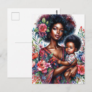 Zwarte Afrikaanse moeder en baby bloem waterverf Briefkaart