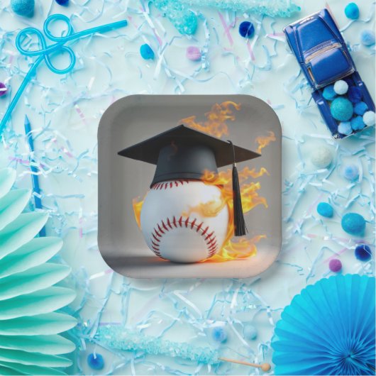 Zwarte afstudeerdop op een vlammende honkbal papieren bordje (Feest)